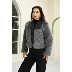 Kuşgözü Detaylı Geniş Yaka Deri&Kürk Gri