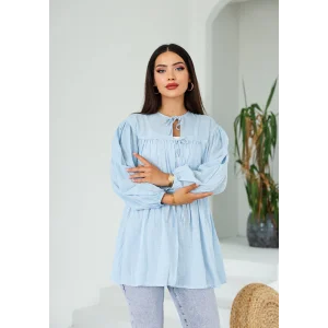 Ön Büzgülü Uzun Tunik Mavi