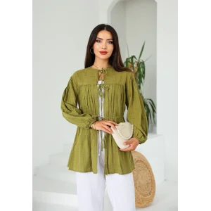 Ön Büzgülü Uzun Tunik Yağ Yeşili