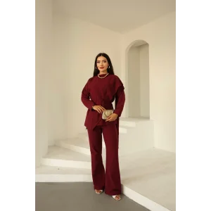 Şal Detay Pantolonlu Keten Takım Bordo