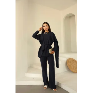 Şal Detay Pantolonlu Keten Takım Lacivert