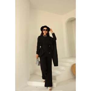 Şal Detay Pantolonlu Keten Takım Siyah