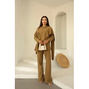 Şal Detay Pantolonlu Keten Takım Vizon