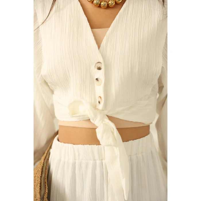 Bağlamalı Bürümcük Etek Takım Ekru