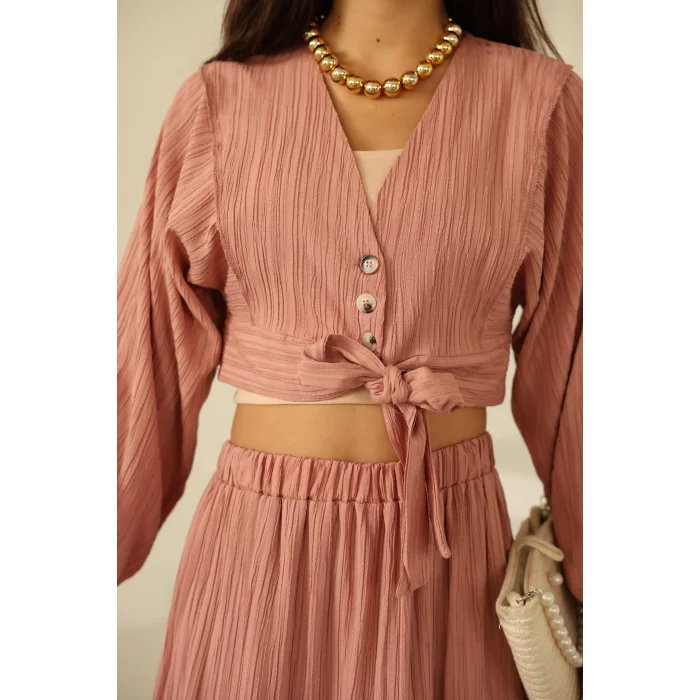 Bağlamalı Bürümcük Etek Takım Pembe