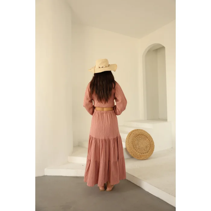 Bağlamalı Bürümcük Etek Takım Pembe