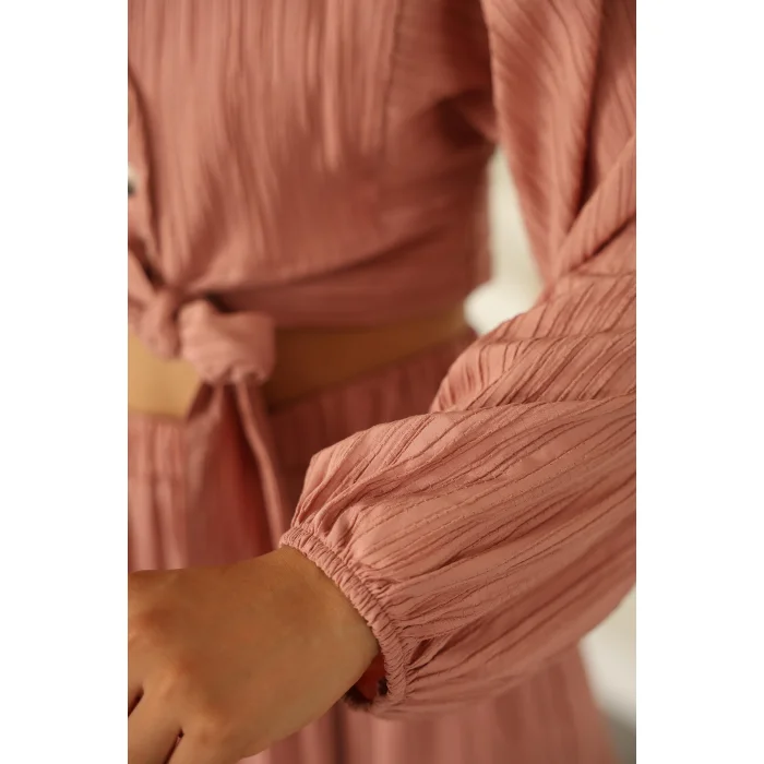 Bağlamalı Bürümcük Etek Takım Pembe