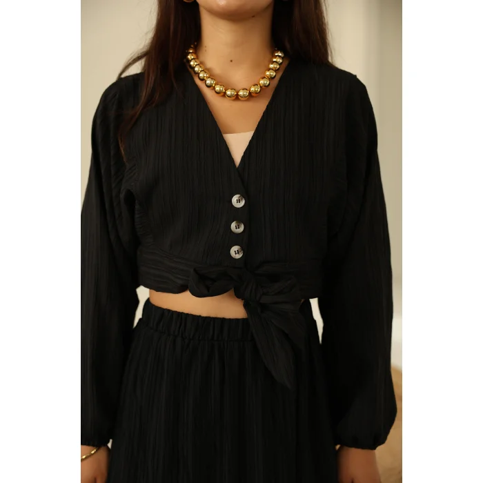 Bağlamalı Bürümcük Etek Takım Siyah