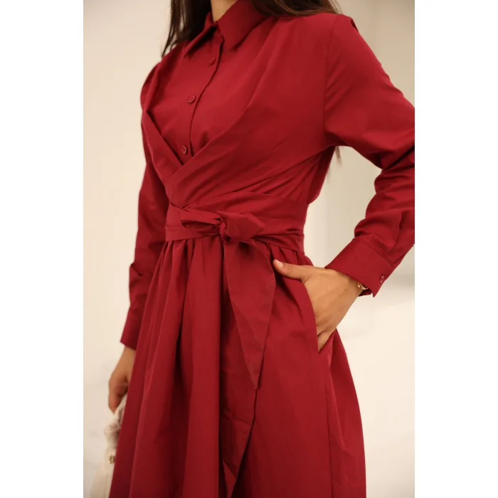 Belden Bağlamalı Dakron Elbise Bordo