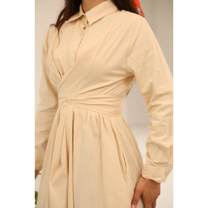 Belden Bağlamalı Dakron Elbise Krem