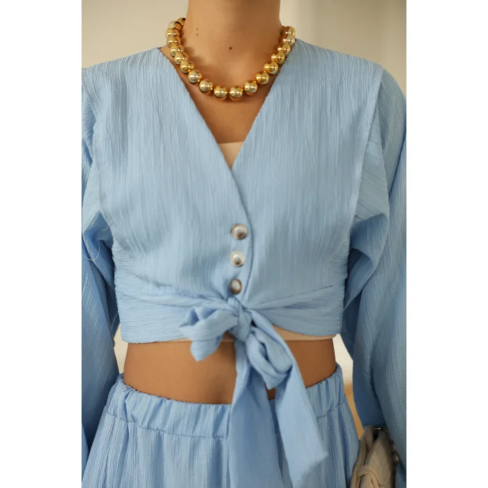 Bağlamalı Bürümcük Etek Takım Bebe Mavi