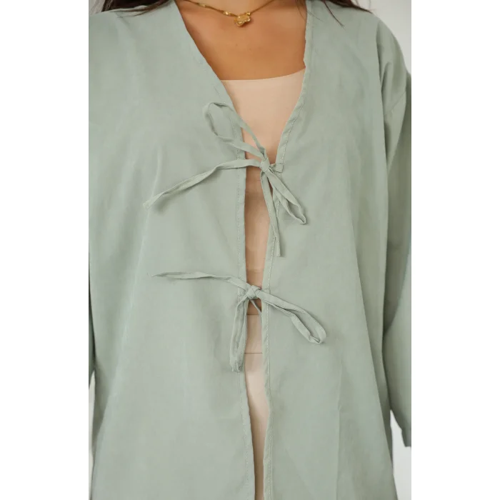 Çift Bağlamalı Uzun Kimono Çağla