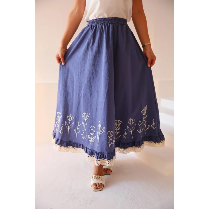 Fisto ve Nakış Detaylı Etek İndigo