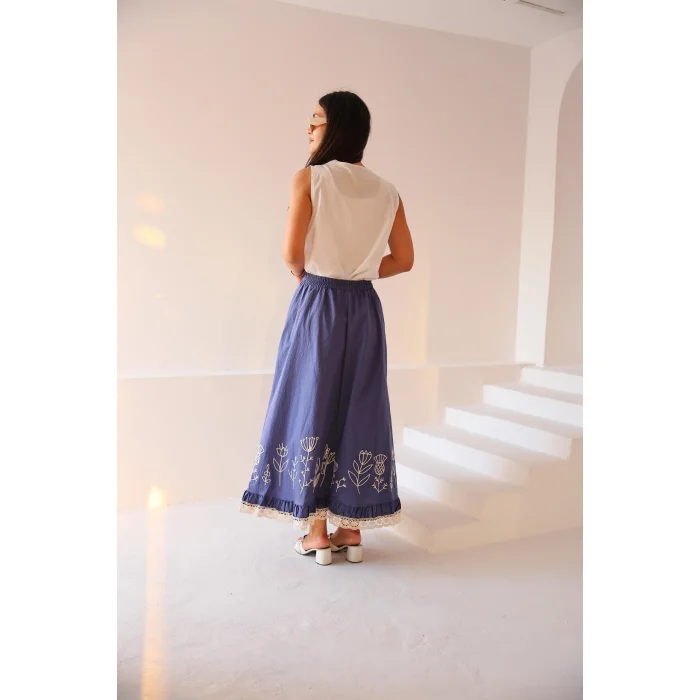 Fisto ve Nakış Detaylı Etek İndigo