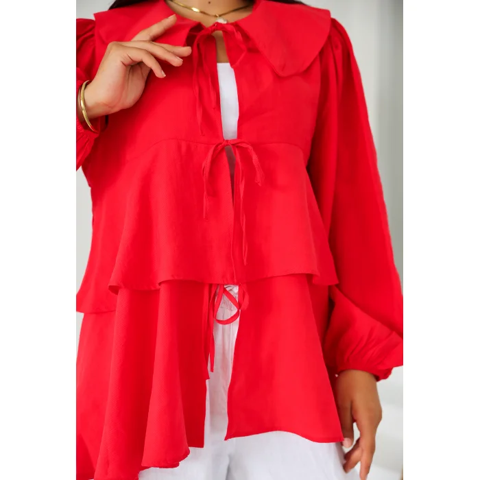 İp Bağcıklı Kat Kat Kimono Kırmızı