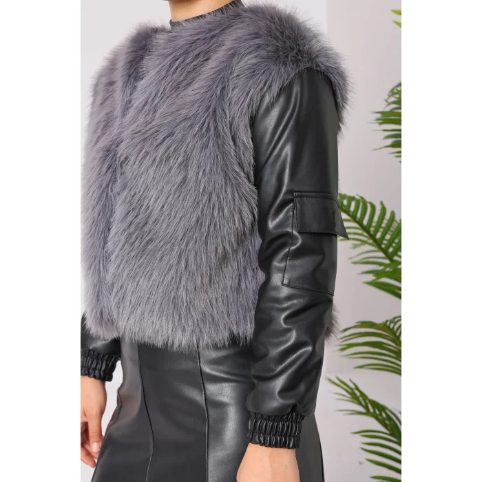 Kolu Cep Detaylı Deri&Kürk Ceket Gri