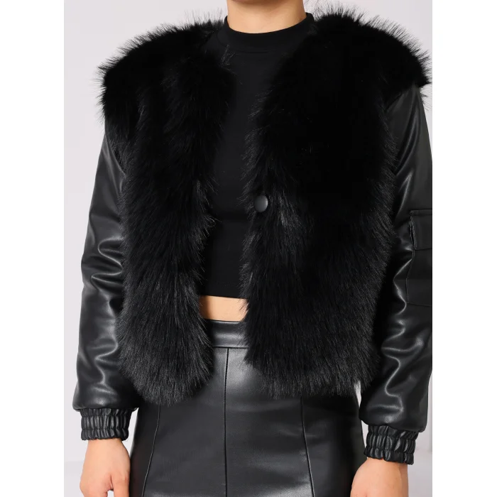 Kolu Cep Detaylı Deri&Kürk Ceket Siyah