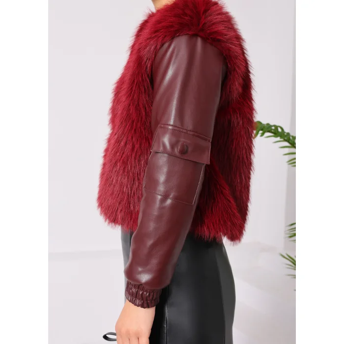 Kolu Cep Detaylı Deri&kürk Ceket Bordo