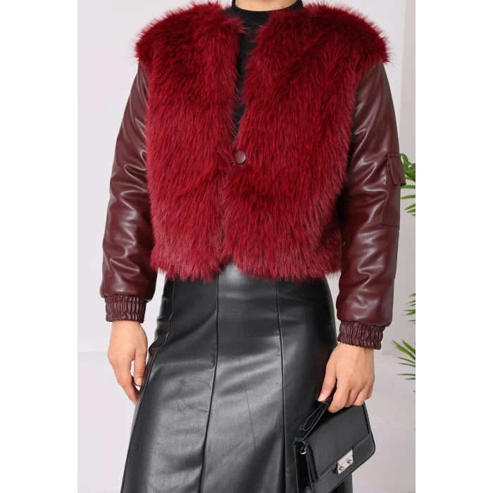 Kolu Cep Detaylı Deri&kürk Ceket Bordo