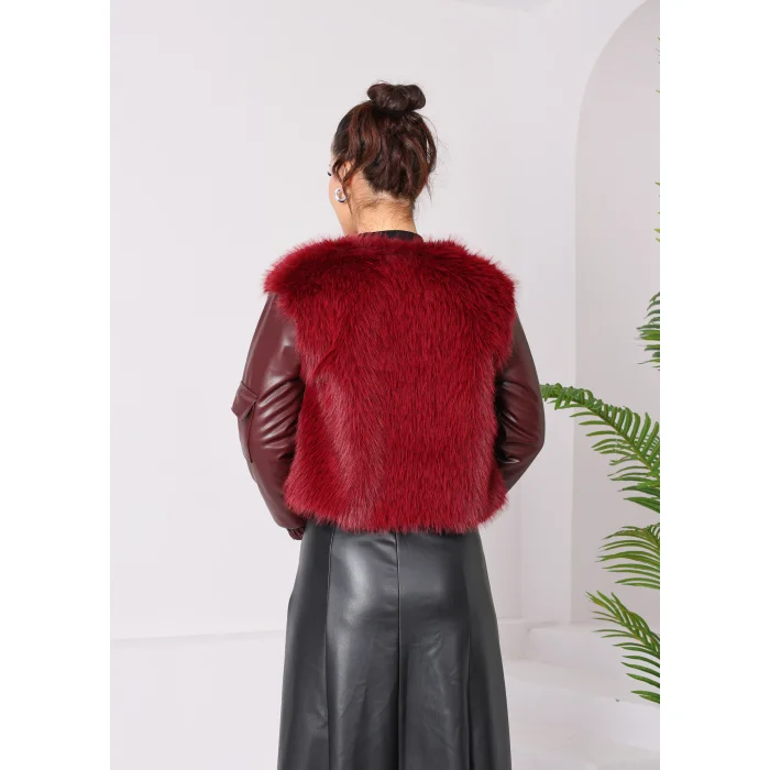 Kolu Cep Detaylı Deri&kürk Ceket Bordo