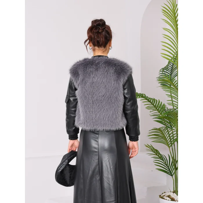Kolu Cep Detaylı Deri&Kürk Ceket Gri