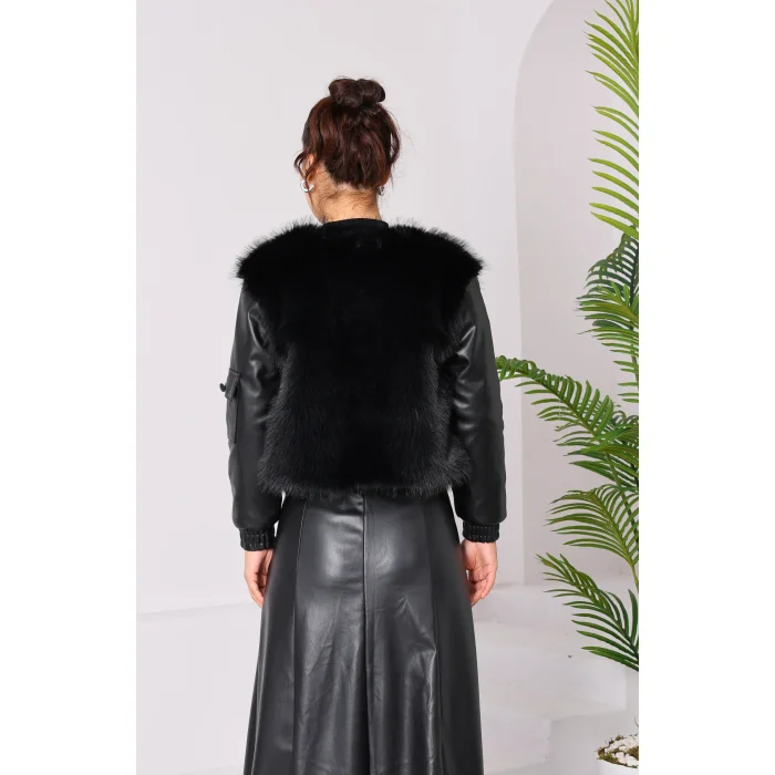 Kolu Cep Detaylı Deri&Kürk Ceket Siyah