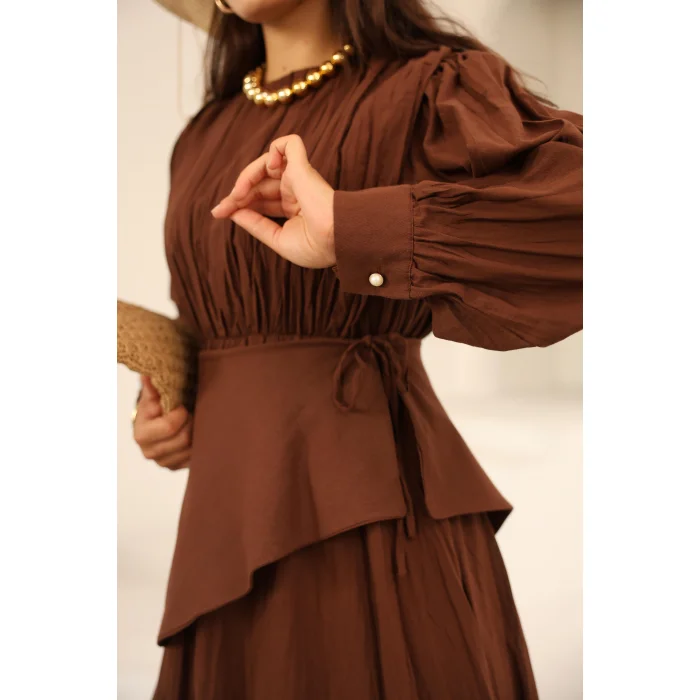 Kraşlı Vual Elbise Acı Kahve