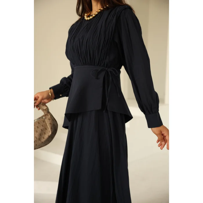 Kraşlı Vual Elbise Lacivert