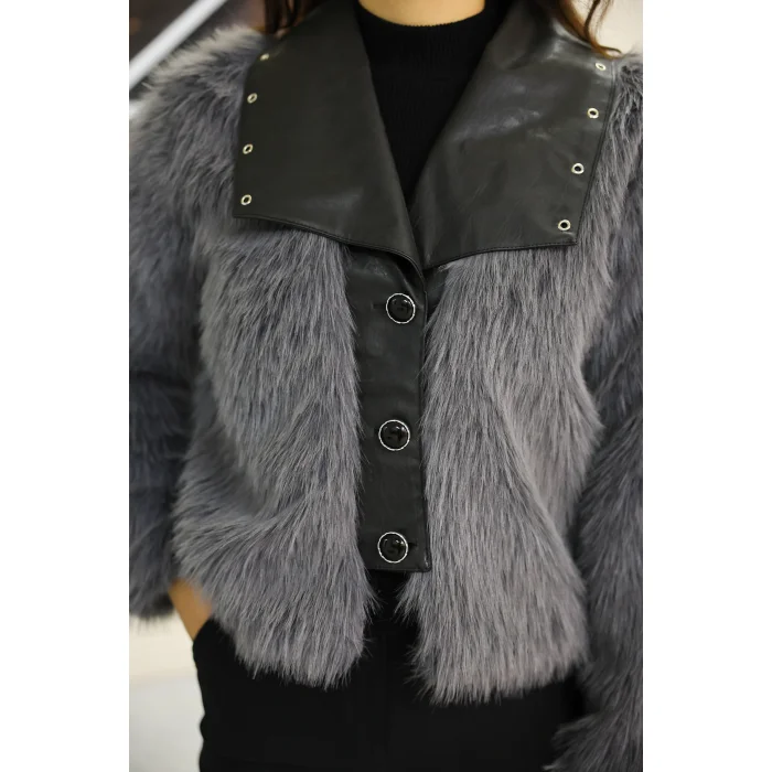 Kuşgözü Detaylı Geniş Yaka Deri&Kürk Gri