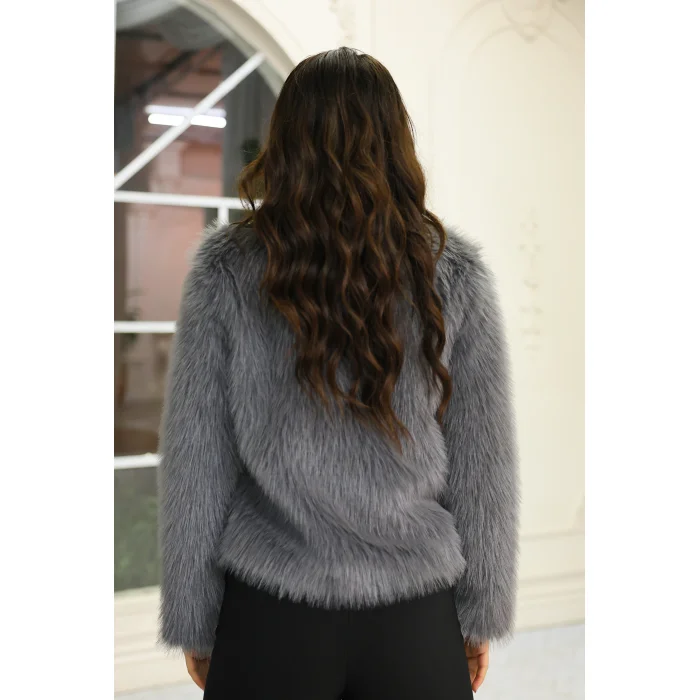 Kuşgözü Detaylı Geniş Yaka Deri&Kürk Gri