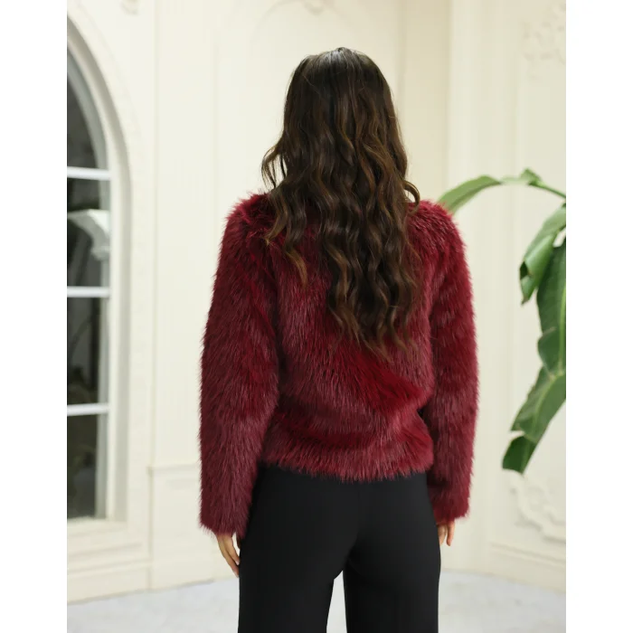 Kuşgözü Detaylı Geniş Yaka Deri&Kürk Bordo