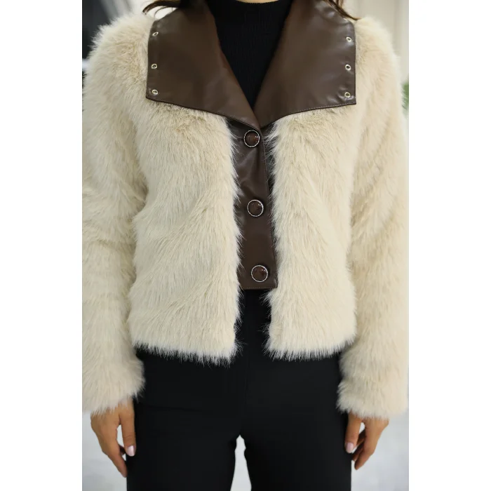 Kuşgözü Detaylı Geniş Yaka Deri&Kürk Krem