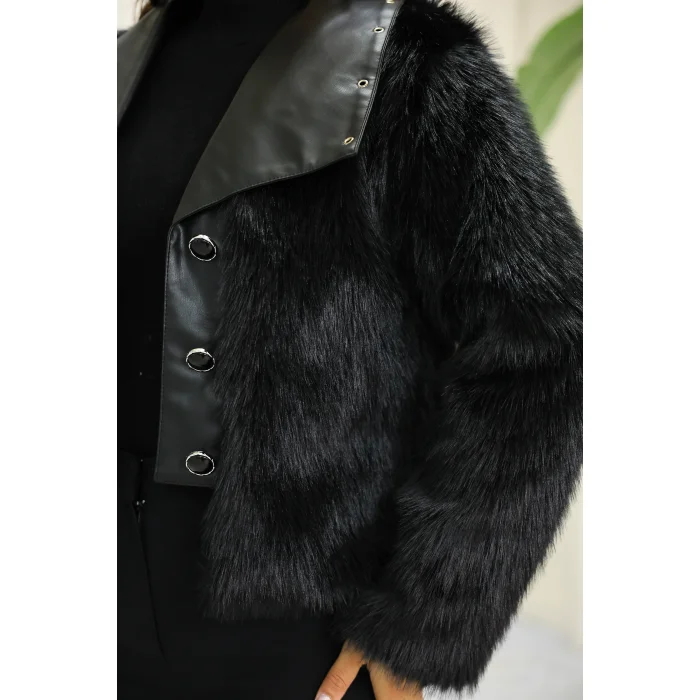 Kuşgözü Detaylı Geniş Yaka Deri&Kürk Siyah