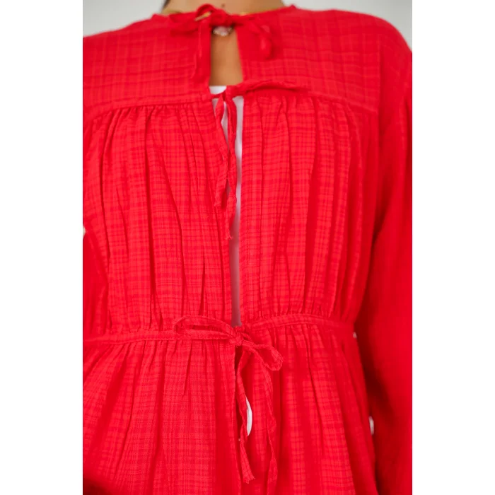 Ön Büzgülü Uzun Tunik Kırmızı