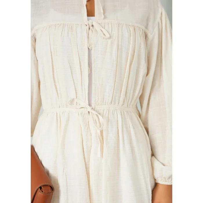 Ön Büzgülü Uzun Tunik Ekru