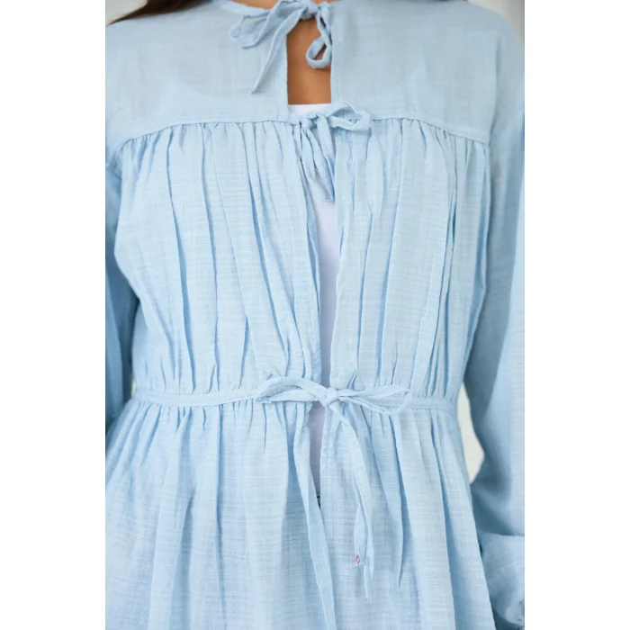 Ön Büzgülü Uzun Tunik Mavi