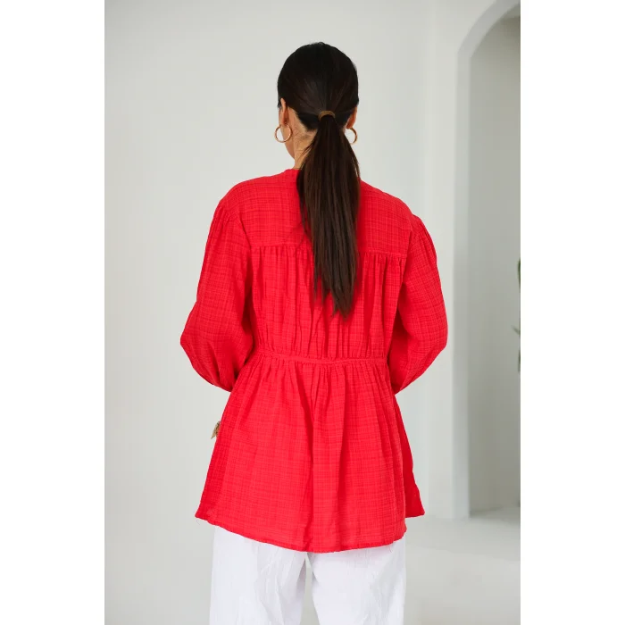 Ön Büzgülü Uzun Tunik Kırmızı