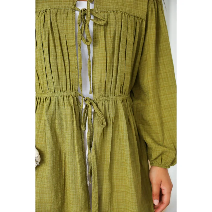 Ön Büzgülü Uzun Tunik Yağ Yeşili