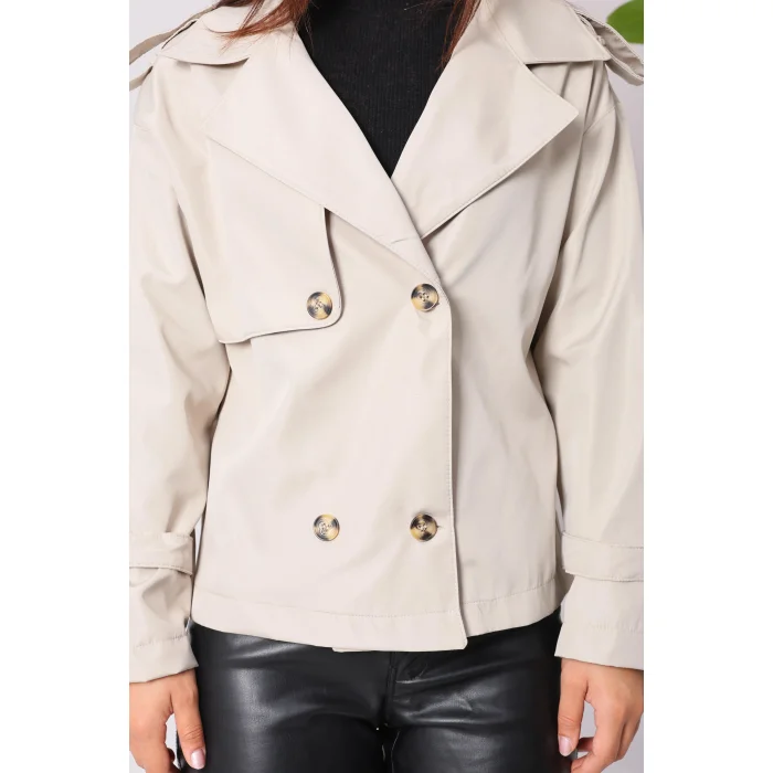 Roba Detaylı Kısa Trençkot Taş