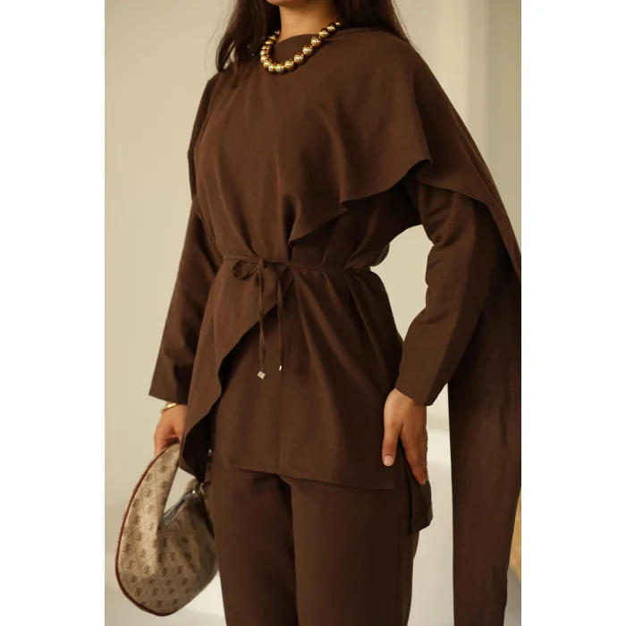 Şal Detay Pantolonlu Keten Takım Acı Kahve