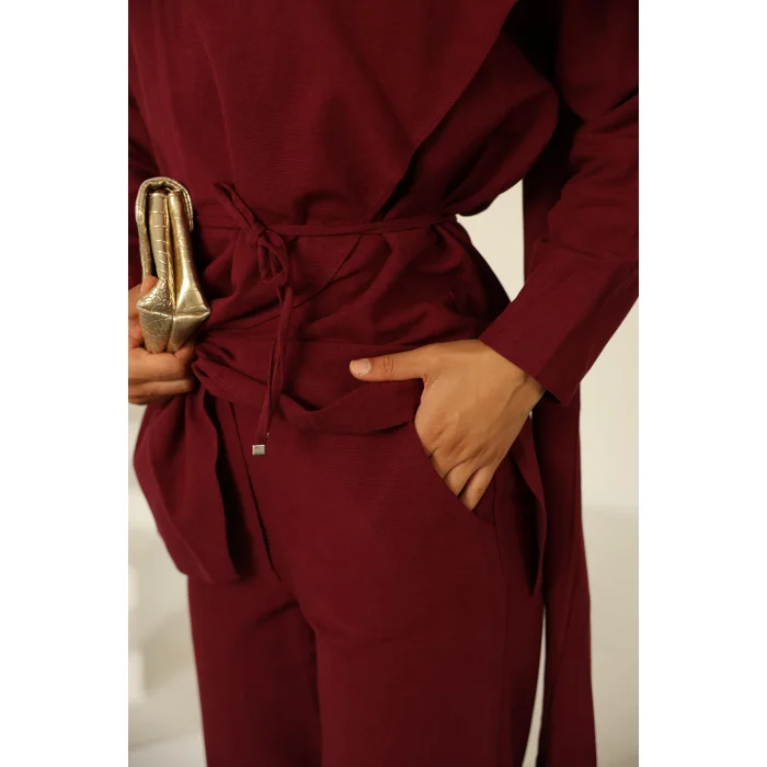 Şal Detay Pantolonlu Keten Takım Bordo