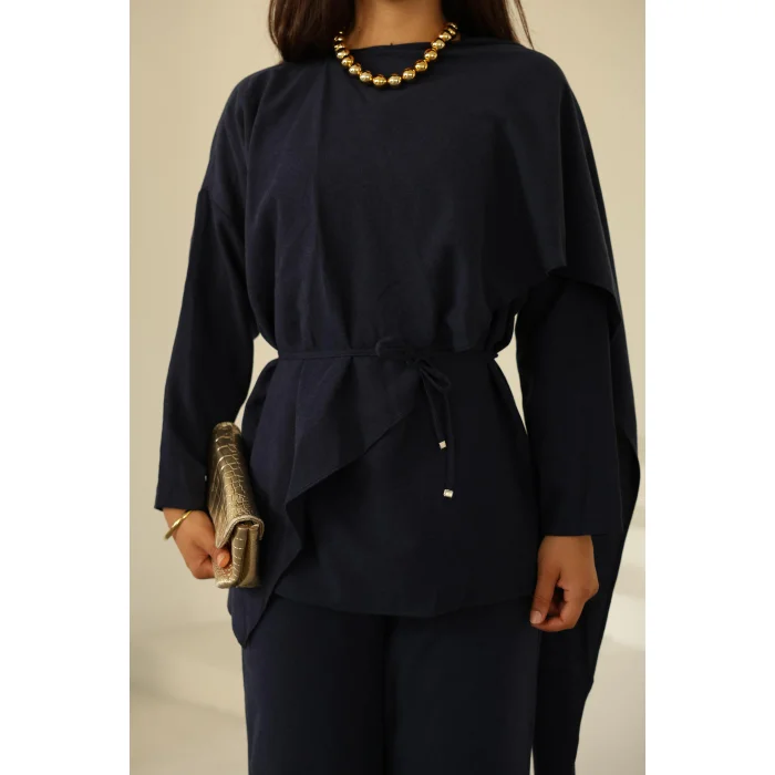 Şal Detay Pantolonlu Keten Takım Lacivert