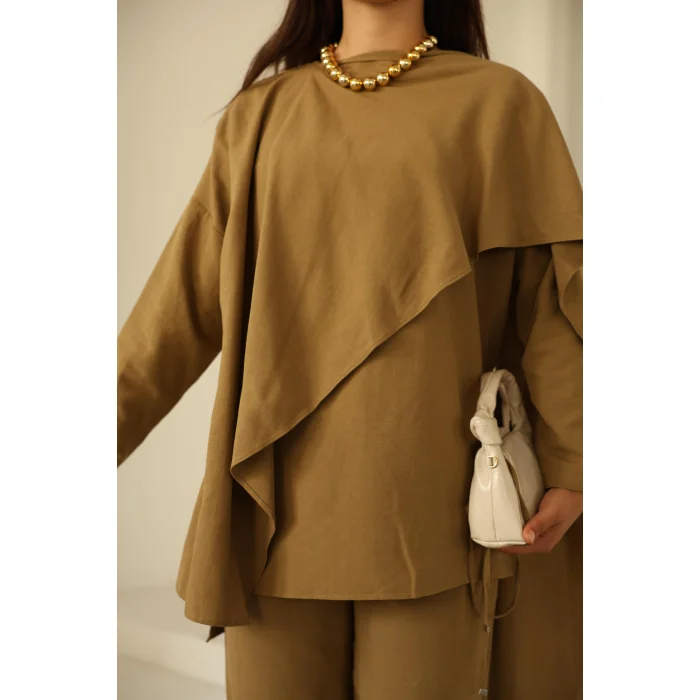 Şal Detay Pantolonlu Keten Takım Vizon