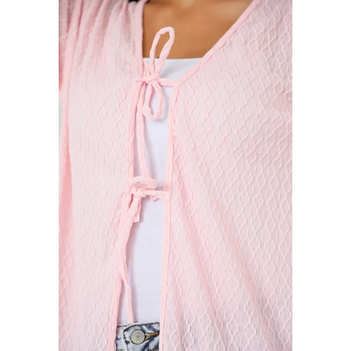 Sarmal Desen Uzun Kimono Pembe