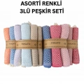 %100 Pamuklu 3`lü set Kristal Desenli Peşkir & Hızlı Kuruyan El-Baş Havlusu (45x90 cm) Asorti Renkli