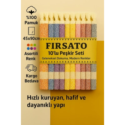 %100 Pamuk Peşkir Seti 45x90cm 10’lu Asorti Renkli Havlu Hızlı Kuruyan El-Baş Havlusu
