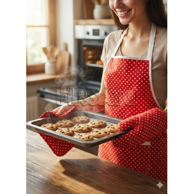 3lü Beyaz Puantiyeli Mutfak Seti, Mutfak Önlüğü, Isıya dayanıklı Fırın eldiveni, Turacak takımı