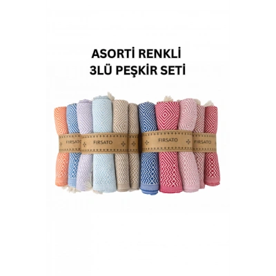 %100 Pamuklu 3`lü set Kristal Desenli Peşkir & Hızlı Kuruyan El-Baş Havlusu (45x90 cm) Asorti Renkli