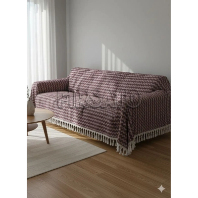 Zigzag Desenli Koltuk Örtüsü 200x230cm Pamuklu | Yatak Örtüsü | Saçaklı |