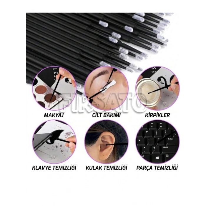 100 Adet Uzun Micro Brush Seti - Çok Amaçlı Makyaj, Kirpik Lifting, Kaş Laminasyonu, Tırnak Tasarım, Elektronik Detay Temizlik Fırçası